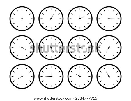 Set of clock icons. Round clocks faces with different time. Time graphic symbol isolated on a white background. Watch face flat graphic illustration.