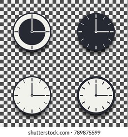 Set of clock icons with shadow on a transparent background for website design, flat style. Time icon, office clock icon. Vector illustration, eps10