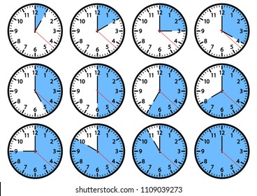 Set of clock icons showing different time. Blue and black colors. Vector illustration