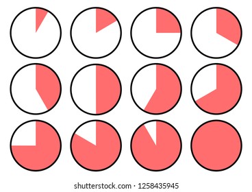 Set of clock icons showing different time. Red segments. Vector illustration