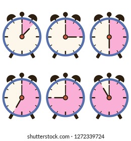 Set of clock icons showing different time. Flat design, vector.