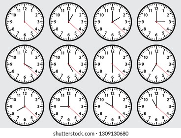 Set of clock icons showing different time. Vector illustration