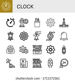 Juego de iconos de reloj. Como Gear, Tiempo de entrega, Tiempo es dinero, Papelería, Configuración, Kremlin, Bell, Watch, Office, Clock tower, Business, Clock shop, Smartwatch , iconos
