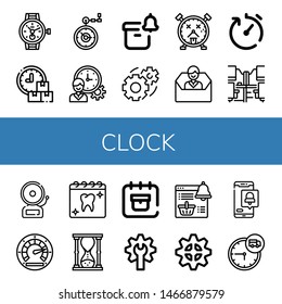 Set of clock icons such as Watch, Schedule, Pocket watch, Time management, Notification, Gear, Alarm clock, Contact us, Delivery time, Office desk, Alarm, Speedometer , clock
