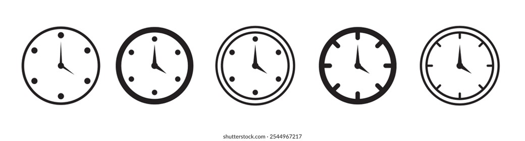 Set of clock icons. Clock, time. Hours dial. Watch time. Business deadline. Time clock icon. Wall clock vector icon. Schedule timer sign for UI designs.