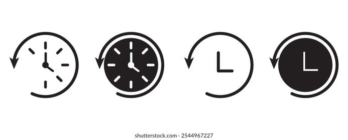 Conjunto de ícones do relógio. Relógio, hora. Discagem de horas. Veja o tempo com uma seta. Prazo final do negócio. Ícone do relógio de ponto. Ícone de vetor do relógio de parede. Agende o sinal de timer para designs de interface do usuário.
