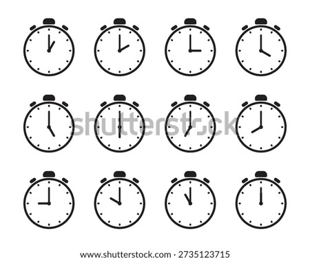 Set of Clock Icons and Timers with Progress Indicators Showing 1 to 12 hour or minute Intervals