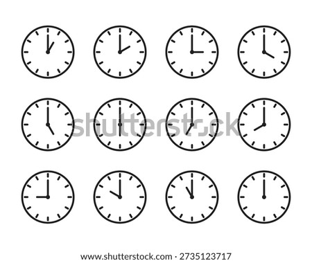 Set of Clock Icons and Timers with Progress Indicators Showing 1 to 12 hour or minute Intervals