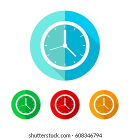 Set of clock icons. Vector illustration. Clock icon with long shadow on a the round button.