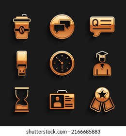 Set Clock, Identification badge, Medal with star, Graduate and graduation cap, Old hourglass, USB flash drive, Speech bubbles Question and Coffee cup to go icon. Vector