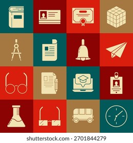 Set Clock, Identification badge, Paper airplane, Certificate template, Document, Drawing compass, Book and Ringing bell icon. Vector