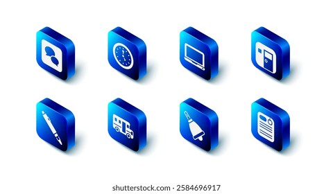 Set Clock, Laptop, School classroom, Dossier folder, Ringing bell, Bus, Marker pen and Speech bubble chat icon. Vector