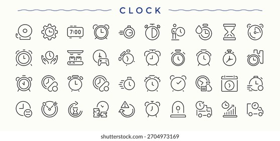 Satz des Uhrzeilensymbols. Enthält Gliederungssymbole wie Schloss, Feueralarm, Alarm, Uhr und mehr. Dünne Symbole gesetzt. Symbolsatz überwachen. Bearbeitbarer Strich. Pixel perfekt.