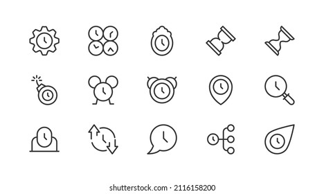 Juego de iconos de la línea de reloj. Paquete de carteles de moda. Pixel perfecto objetos para interfaz de usuario, aplicaciones y web. 