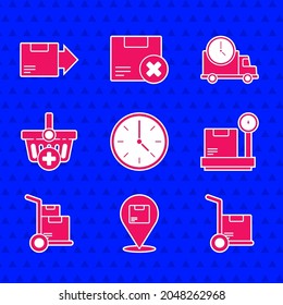 Ajuste Reloj, Ubicación con caja de cartón, Camión de mano y cajas, Escala, Añadir a la cesta de compras, Reloj de entrega logístico e icono de cartón. Vector