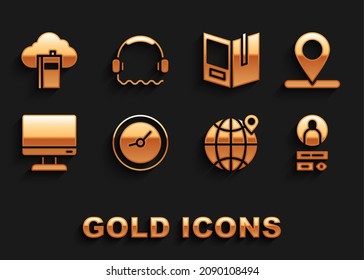 Set Clock, Location, Create account screen, the globe, Computer monitor, Open book, Cloud online library and Headphones icon. Vector