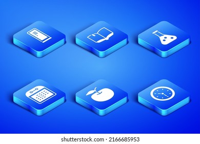 Set Clock, Locker or changing room, Apple, Calendar, Open book and Test tube icon. Vector