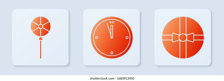 Set Clock, Lollipop and Gift box. White square button. Vector