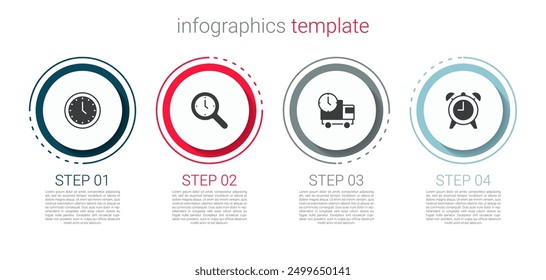Set Clock, Magnifying glass with clock, Delivery truck and time and Alarm. Business infographic template. Vector