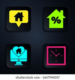 Set Clock, Map pointer with house, Monitor with house in heart shape and House with percant discount tag. Black square button. Vector
