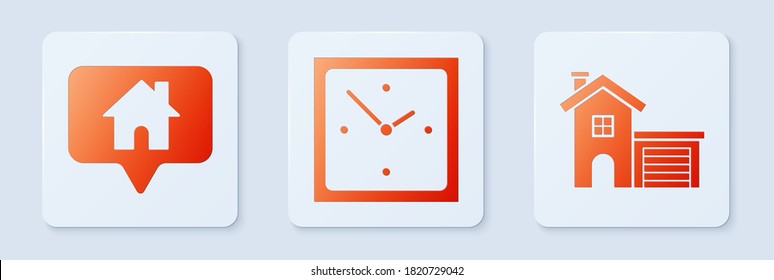 Set Clock, Map pointer with house and House. White square button. Vector