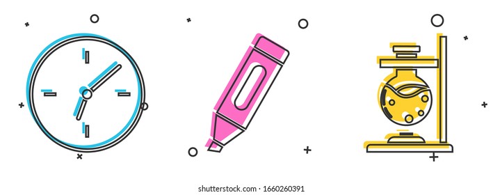Set Clock, Marker pen and Glass test tube flask on fire icon. Vector