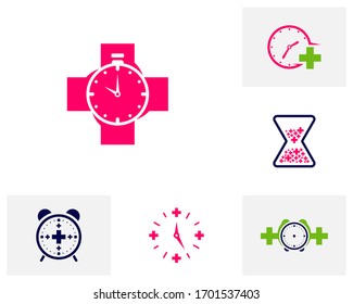 Set of Clock Medical logo design concept vector. Health Time management logo template. Concept icon isolated on white background. Vector symbol.