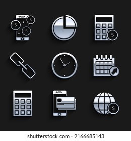 Set Clock, Mobile phone and credit card, Earth globe with dollar symbol, Calendar, Calculator, Chain link,  and Smartphone icon. Vector
