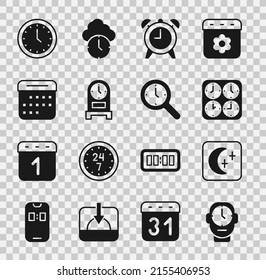 Set Clock, Moon And Stars, Time Zone Clocks, Alarm, Antique, Calendar,  And Magnifying Glass With Icon. Vector