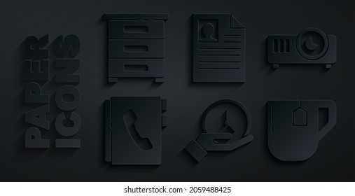 Set Clock, Movie, Film, Media Projector, Address Book, Cup Of Tea With Tea Bag, Resume And Drawer Documents Icon. Vector