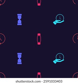 Set Clock, Old hourglass, Smartwatch and  on seamless pattern. Vector