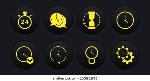 Set Clock, Old hourglass, speech bubble, Time Management and Stopwatch 24 hours icon. Vector