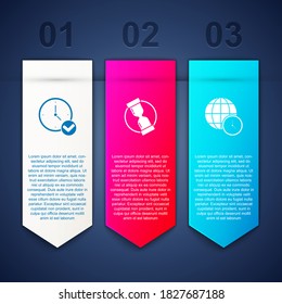 Set Clock, Old hourglass and World time. Business infographic template. Vector.