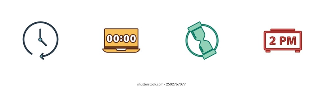Set Clock, on laptop, Old hourglass and Digital alarm clock icon. Vector