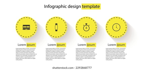 Setzen Sie die Uhr auf Laptop, Smart watch, Stopp watch und . Infografik-Vorlage für Unternehmen. Vektorgrafik