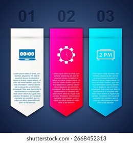 Establecer el reloj en el ordenador portátil, gestión del tiempo y reloj despertador digital. Plantilla de infografía de negocios. Vector