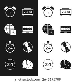 Set Clock on laptop, World time, Alarm clock, Digital alarm, Stopwatch 24 hours, Old hourglass, speech bubble and  icon. Vector