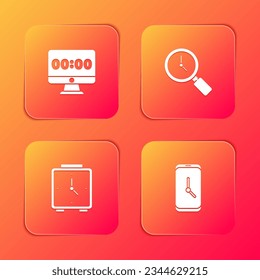 Set Clock on monitor, Magnifying glass with clock, Alarm and app mobile icon. Vector