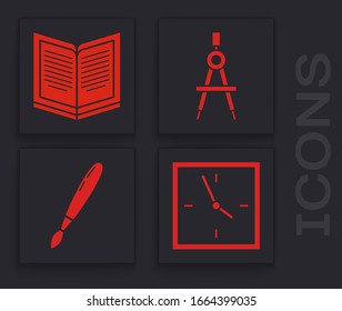 Set Clock, Open book, Drawing compass and Paint brush icon. Vector