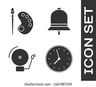 Set Clock, Paint brush with palette, Ringing alarm bell and Ringing bell icon. Vector