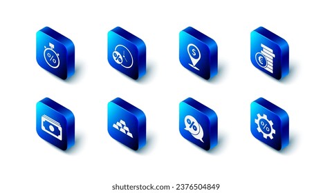 Set Clock and percent, Cash location, Coin money with euro symbol, Gear, Discount tag, Gold bars, Stacks paper cash and Stopwatch icon. Vector