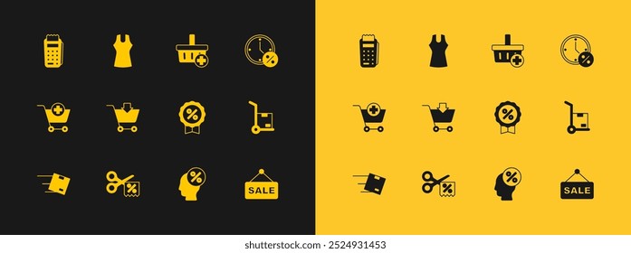 Set Clock and percent discount, Scissors cuts coupon, Discount tag, Add to Shopping cart, basket, POS terminal and Woman dress icon. Vector