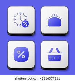 Set Clock and percent discount, Wallet, Discount tag and Shopping basket icon. White square button. Vector