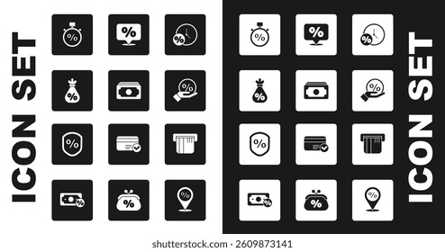 Set Clock and percent, Stacks paper money cash, Money bag with, Stopwatch, Discount tag, Credit card and Loan icon. Vector