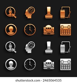 Set Clock, Phone and graphic tablet, Calendar, Chat messages notification laptop, Create account screen, Stamp,  and Mail e-mail icon. Vector