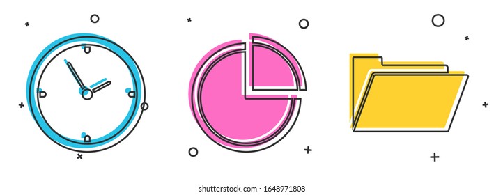 Set Clock, Pie chart infographic and Document folder icon. Vector