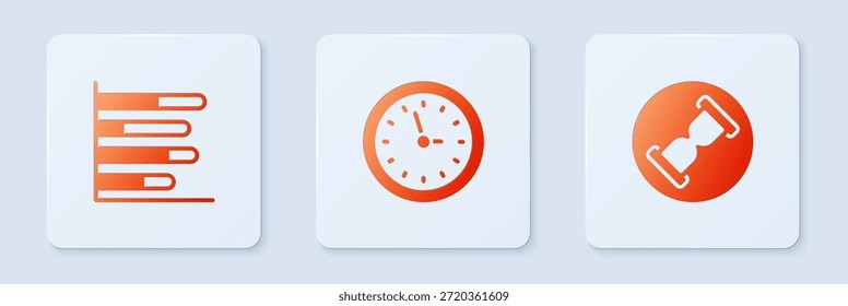 Set Uhr, Tortendiagramm Infografik und Altes Sanduhr mit Sand. Weißer quadratischer Knopf. Vektorgrafik