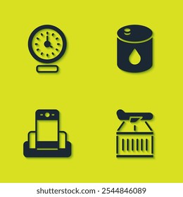 Definir Relógio, Plano, Detector de metais no aeroporto e ícone de óleo de barril. Vetor