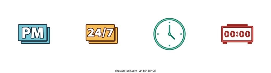 Set Clock PM, 24 hours,  and Digital alarm clock icon. Vector