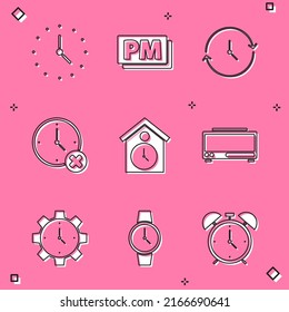 Set Clock, PM, delete, Retro wall watch, Digital alarm clock, Time Management and Wrist icon. Vector